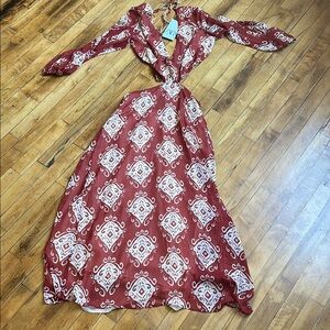 Elegant Red Patterned Wrap Dress